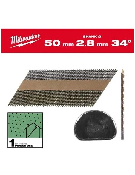 Clous de charpente 34° annelés 2.8x50 à 90 mm - MILWAUKEE - 4932492599