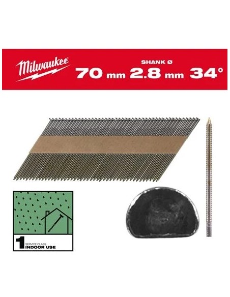 Clous de charpente 34° annelés 2.8x50 à 90 mm - MILWAUKEE - 4932492599