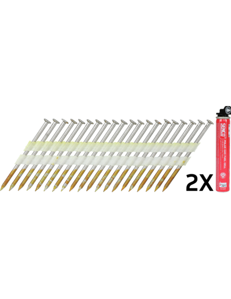 Clous bande 34° Crantés Tête bombée - INOX - 2,8 x 55 à 65mm + GAZ - SENCO