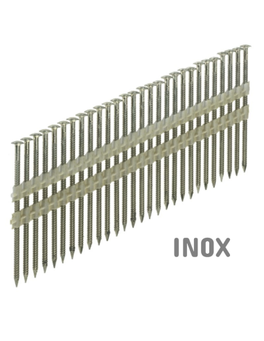 Clous bande 34° Crantés Tête bombée - INOX - 2,8 x 55 à 65mm + GAZ