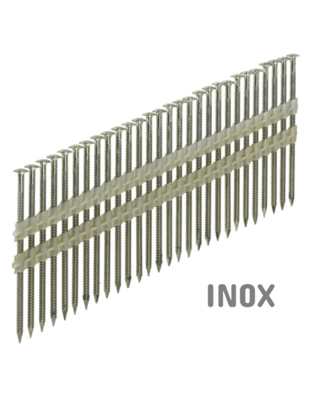 Clous bande 34° Crantés Tête bombée - INOX - 2,8 x 55 à 65mm + GAZ